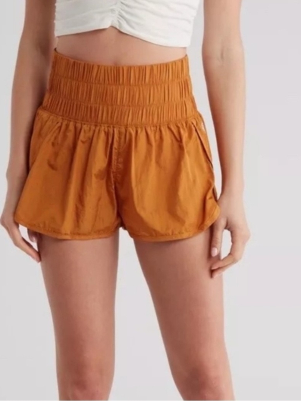 Free People High-Waist Smocked Waist Athletic Shorts - Rust Orange